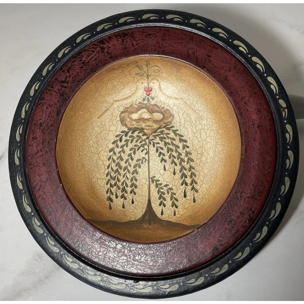 Decorative 10” Hand Painted Wooden Bowl LOVE BIRDS Black Red Folk Art Country